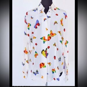 100% SILK Butterfly & Ladybug Print Blouse VTG 90s Y2K